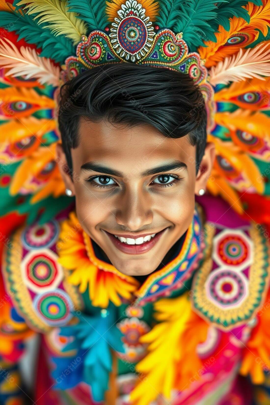 Rapaz sorridente com traje colorido de penas