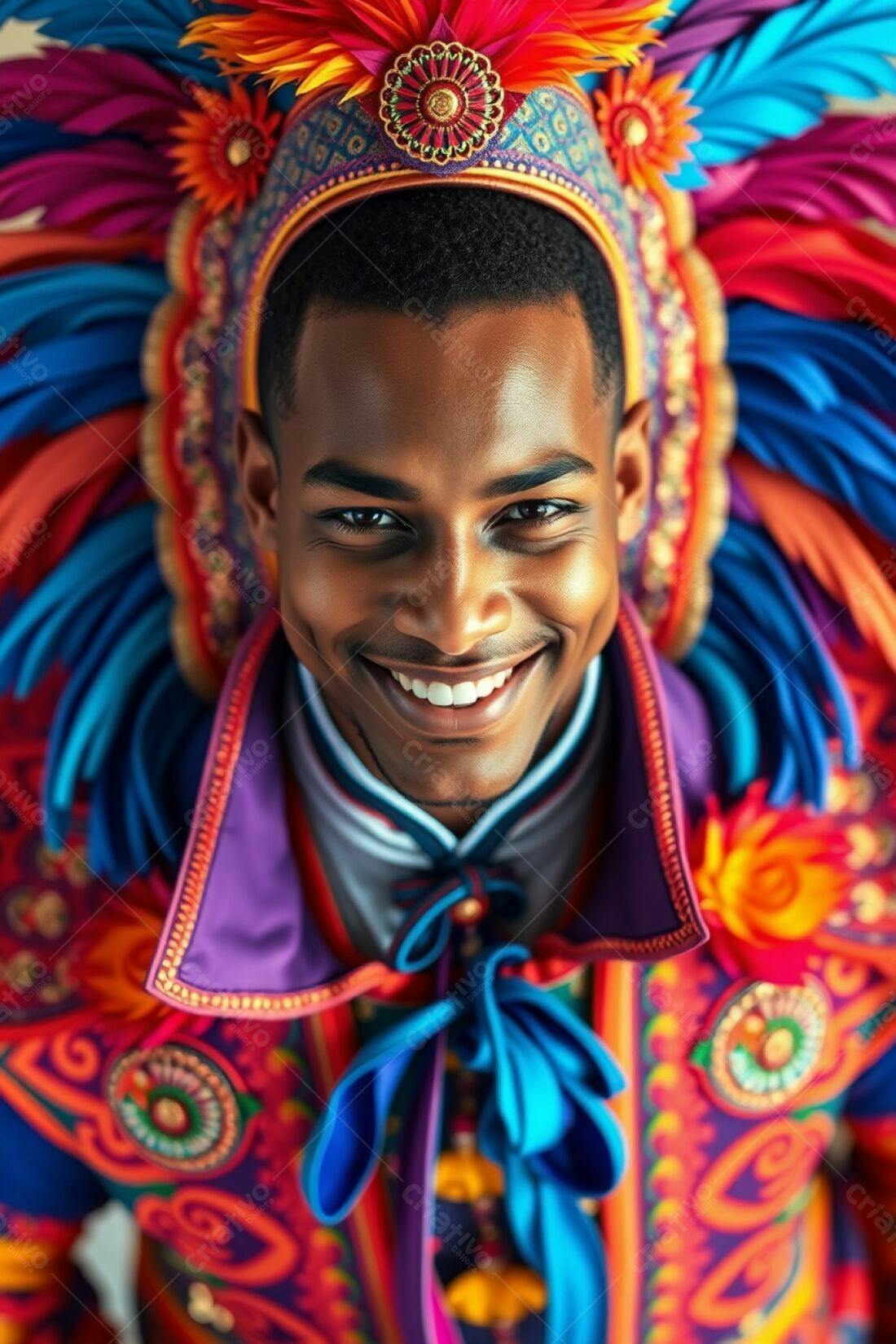 Homem negro sorridente com fantasia vibrante de carnaval