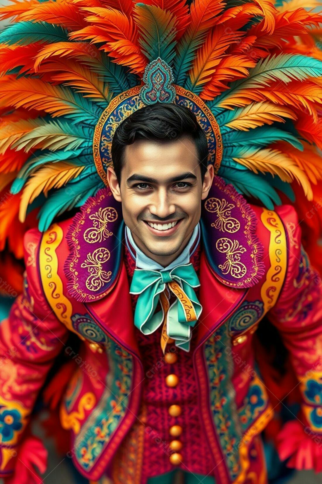 Homem sorrindo com traje vibrante e penas