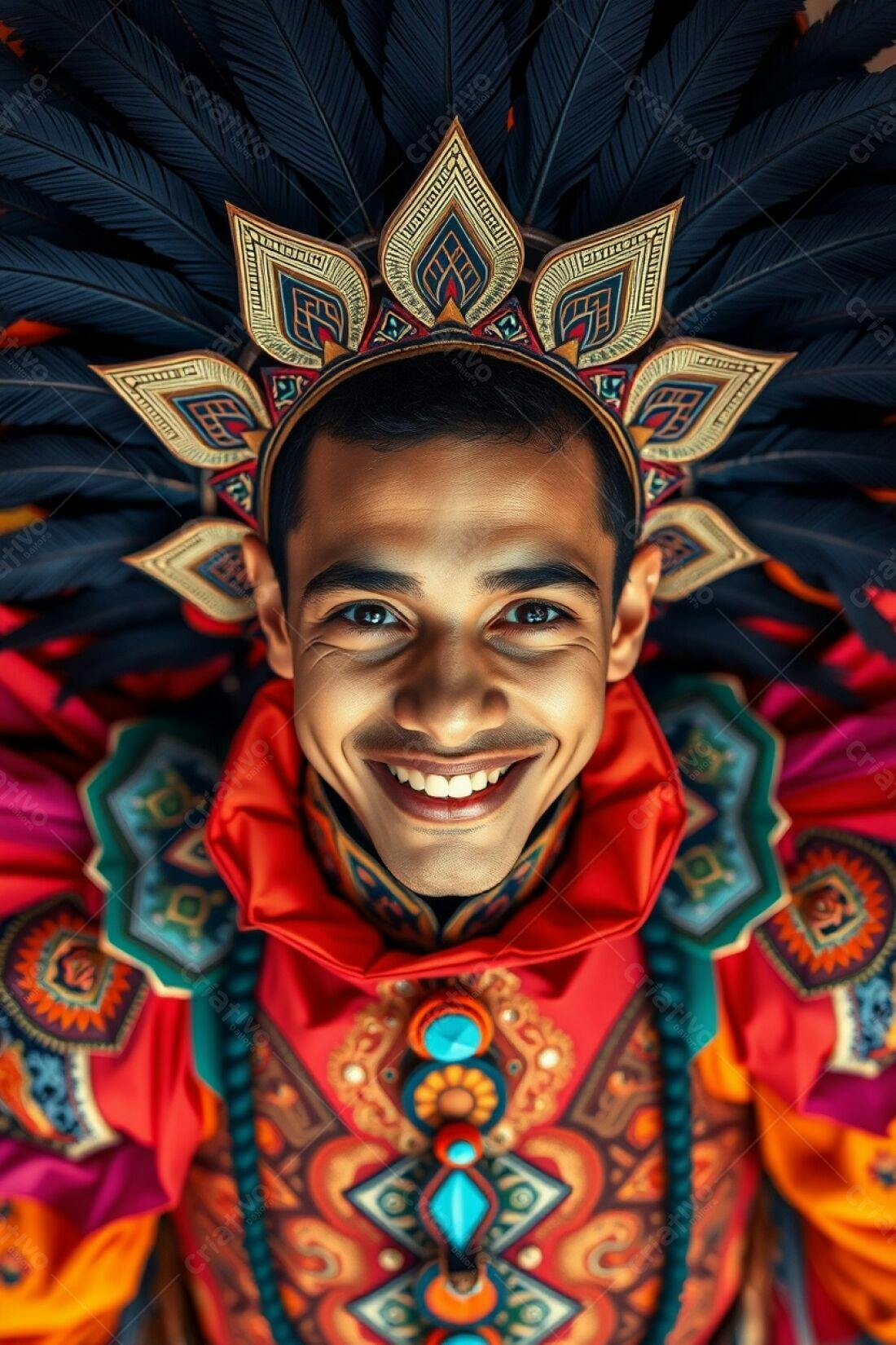 Homem sorridente com traje de penas vibrantes