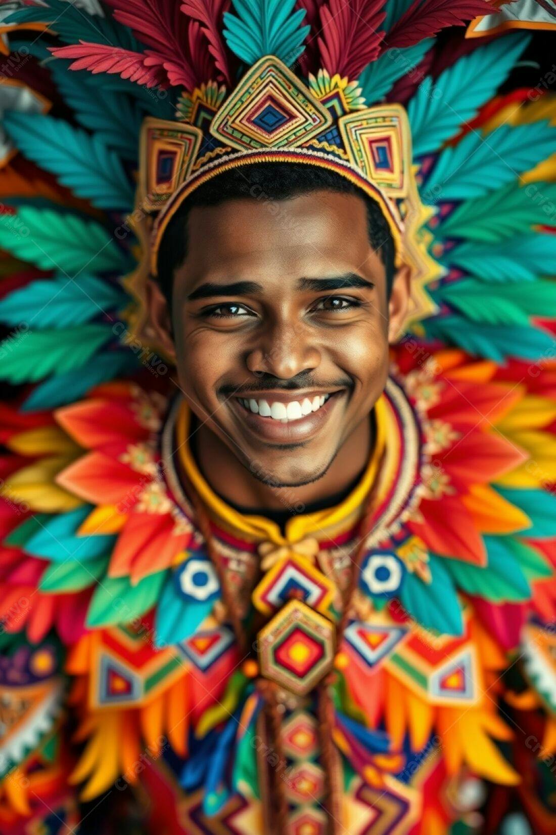 Homem negro sorridente com traje colorido de carnaval