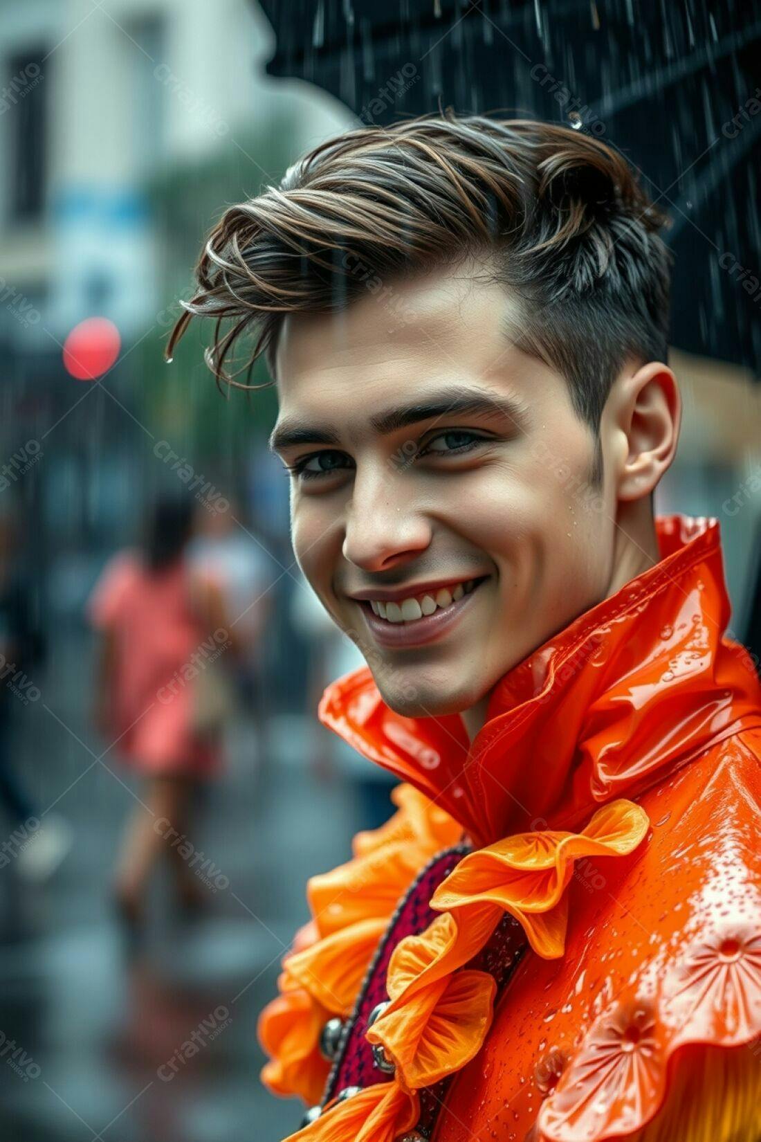 Homem sorridente em capa laranja sob chuva