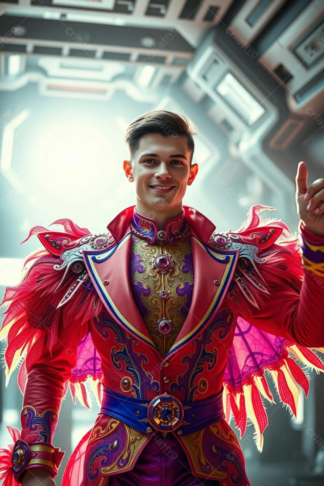Homem sorridente em traje de circo vermelho