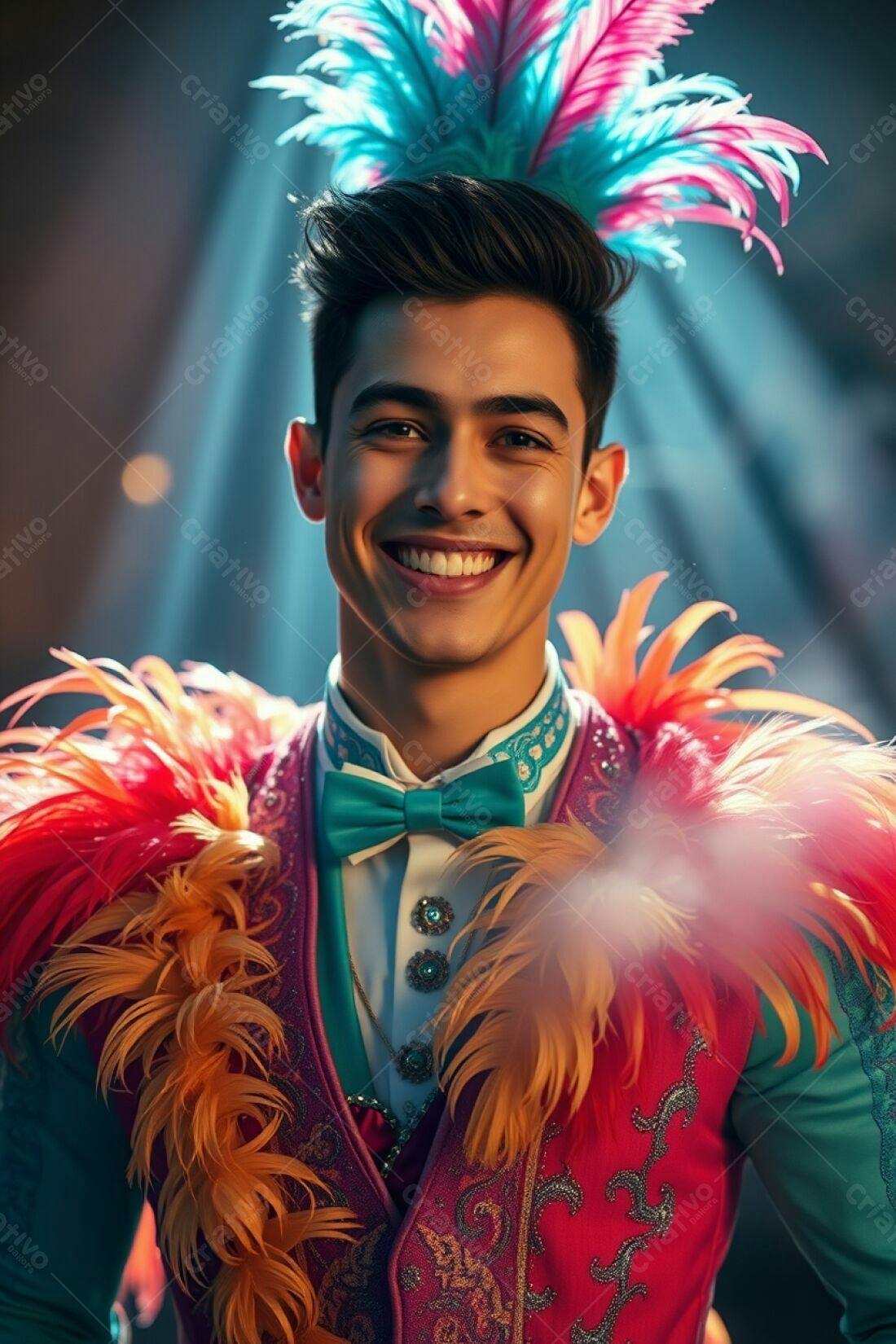 Homem sorridente com fantasia de penas coloridas