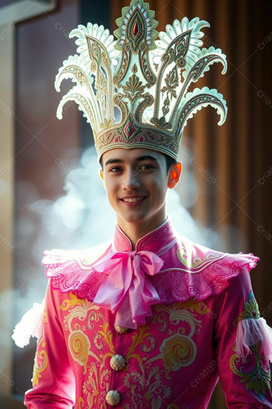 Homem jovem sorridente com coroa e traje rosa