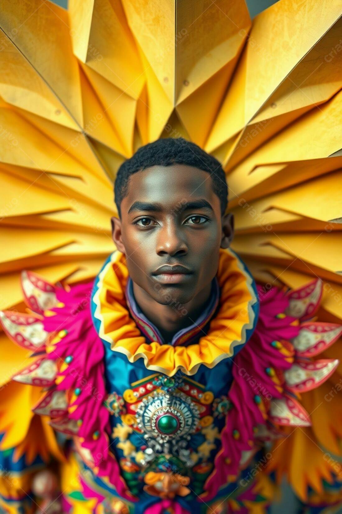 Homem negro com traje vibrante e adereço dourado