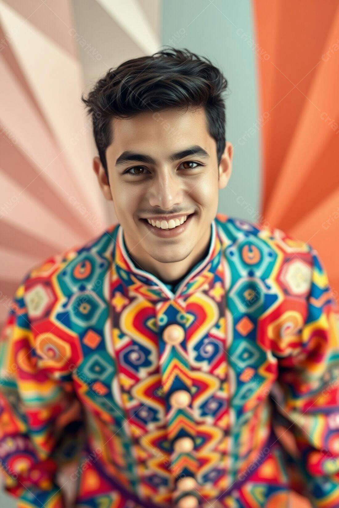 Homem sorrindo com roupa colorida
