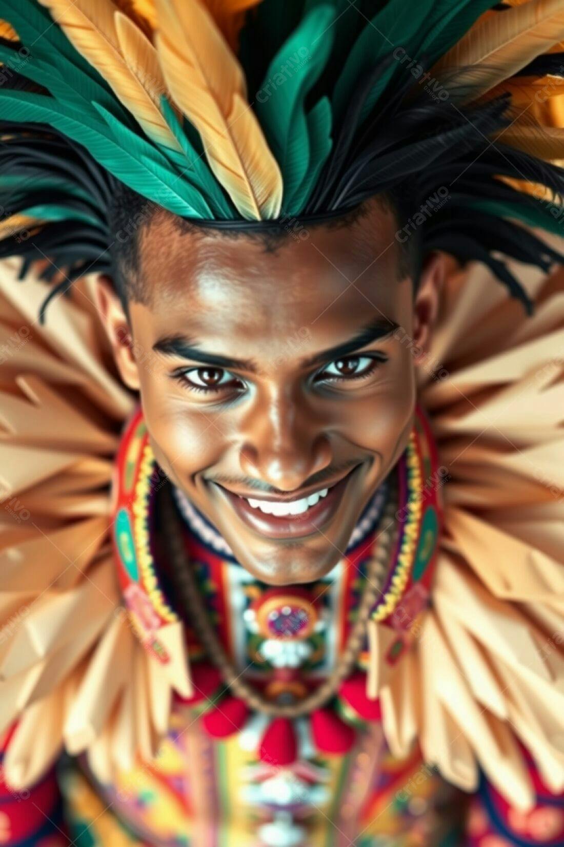 Homem sorridente com traje de penas coloridas