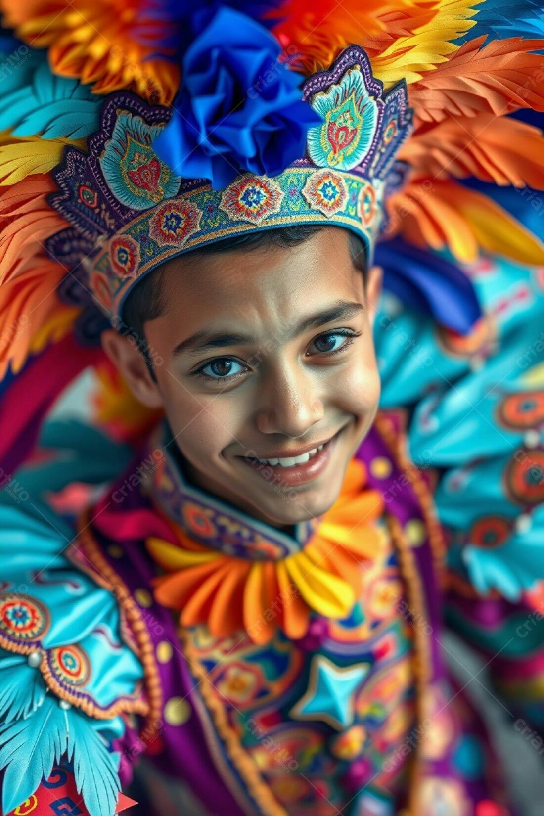 Menino sorridente com fantasia colorida de carnaval