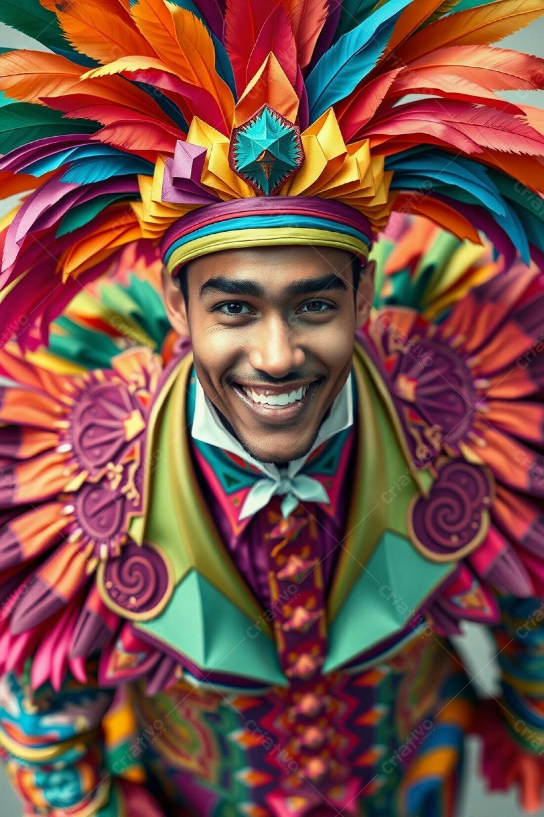 Homem sorridente com traje vibrante de penas
