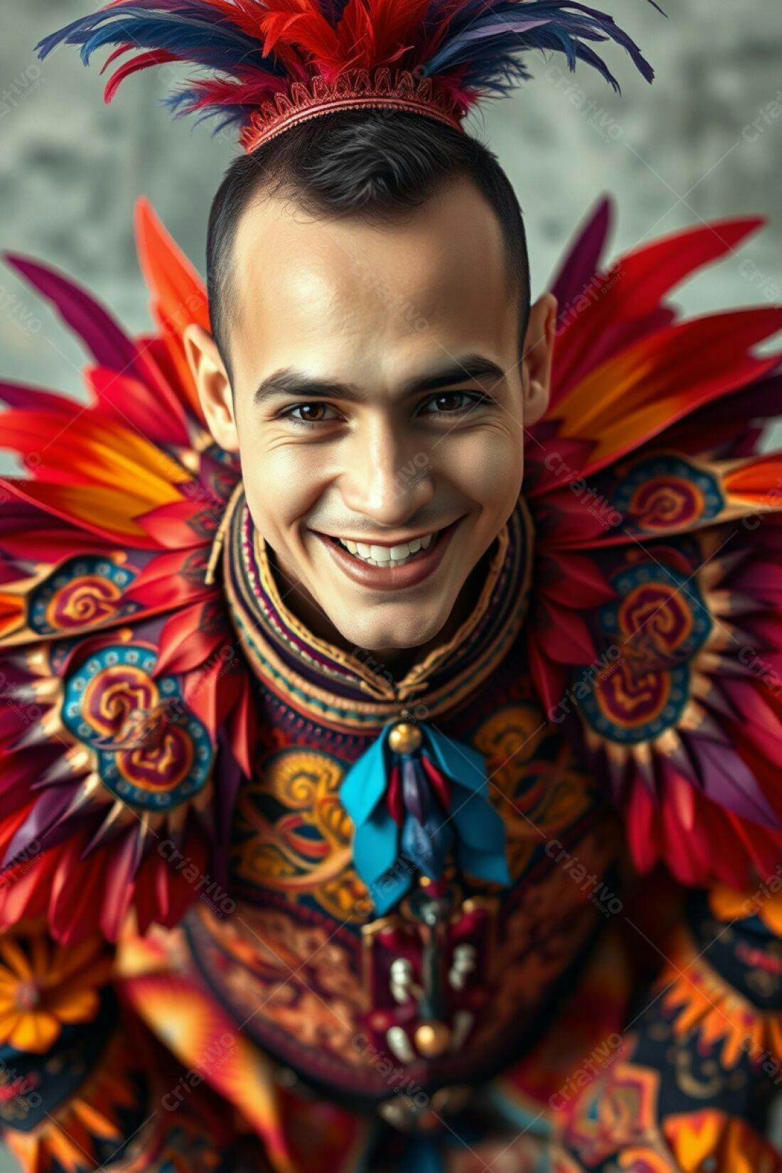 Homem sorrindo com fantasia de penas vibrantes