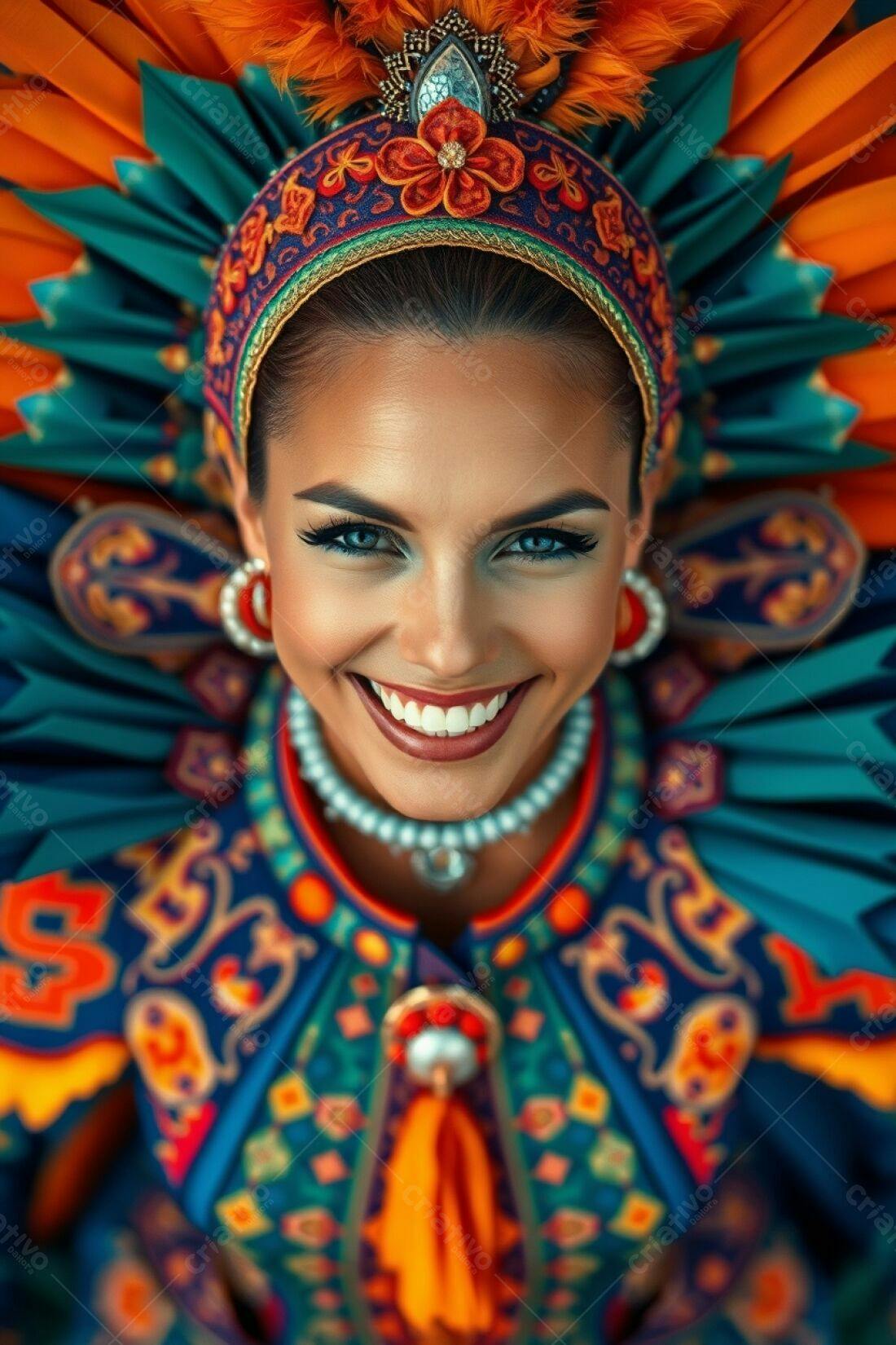 Mulher sorridente com fantasia vibrante