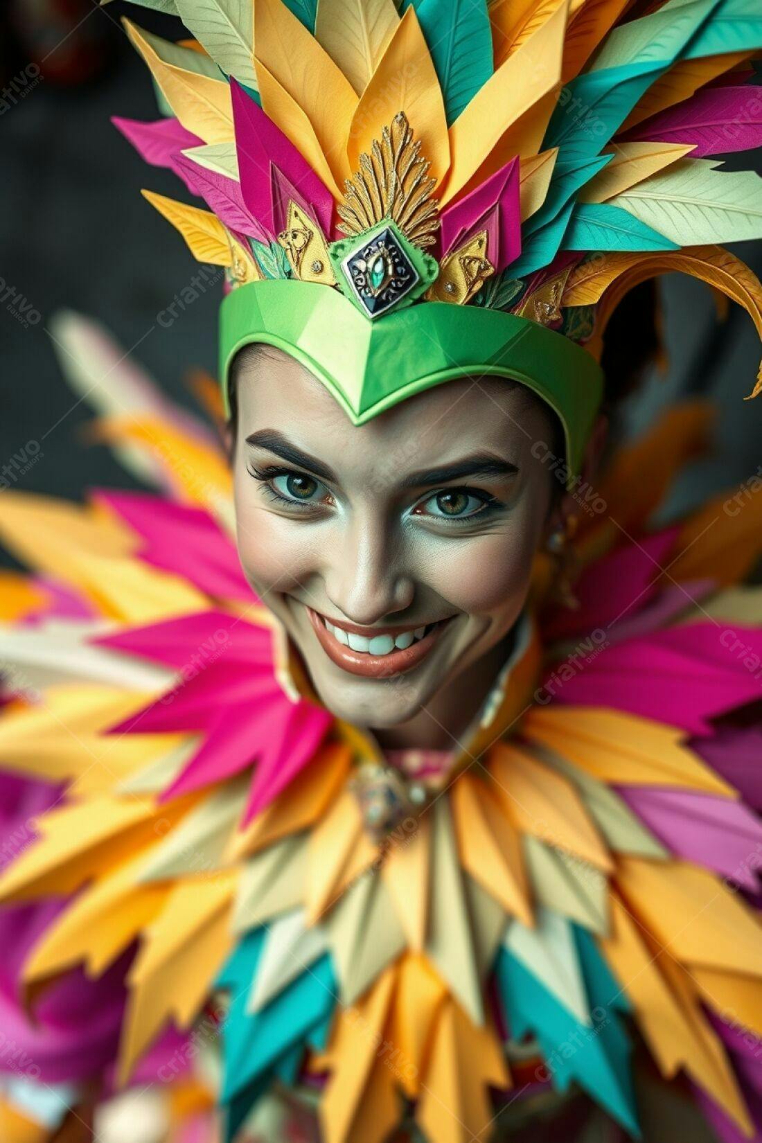 Mulher sorridente com fantasia colorida de penas