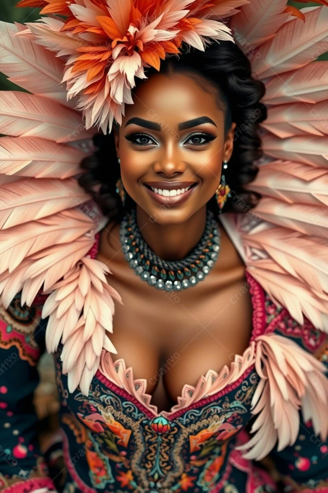 Modelo negra sorridente com adorno de penas