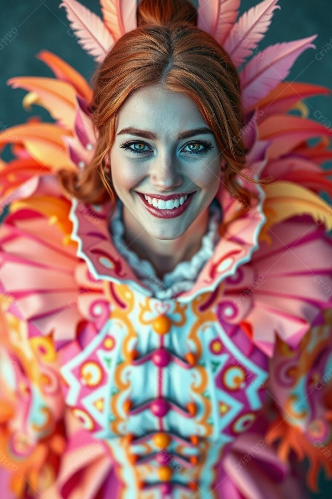 Mulher ruiva sorridente em fantasia colorida