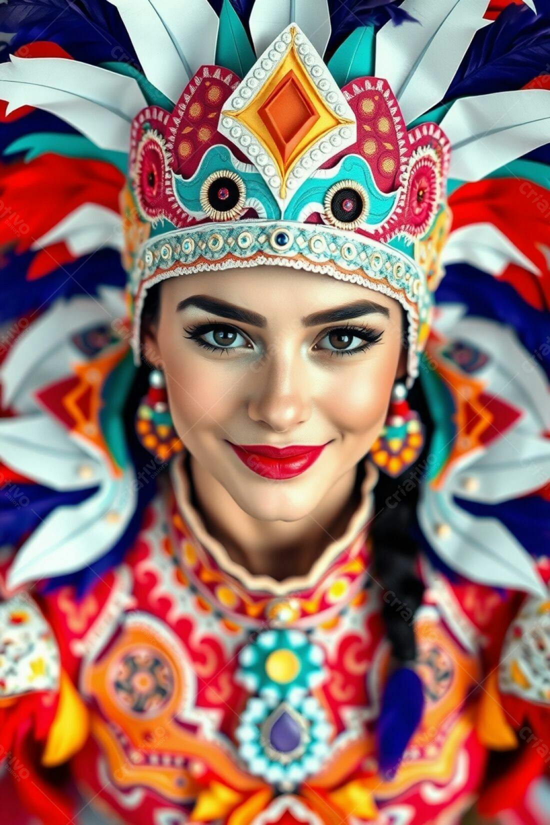 Mulher sorridente com traje colorido e penas