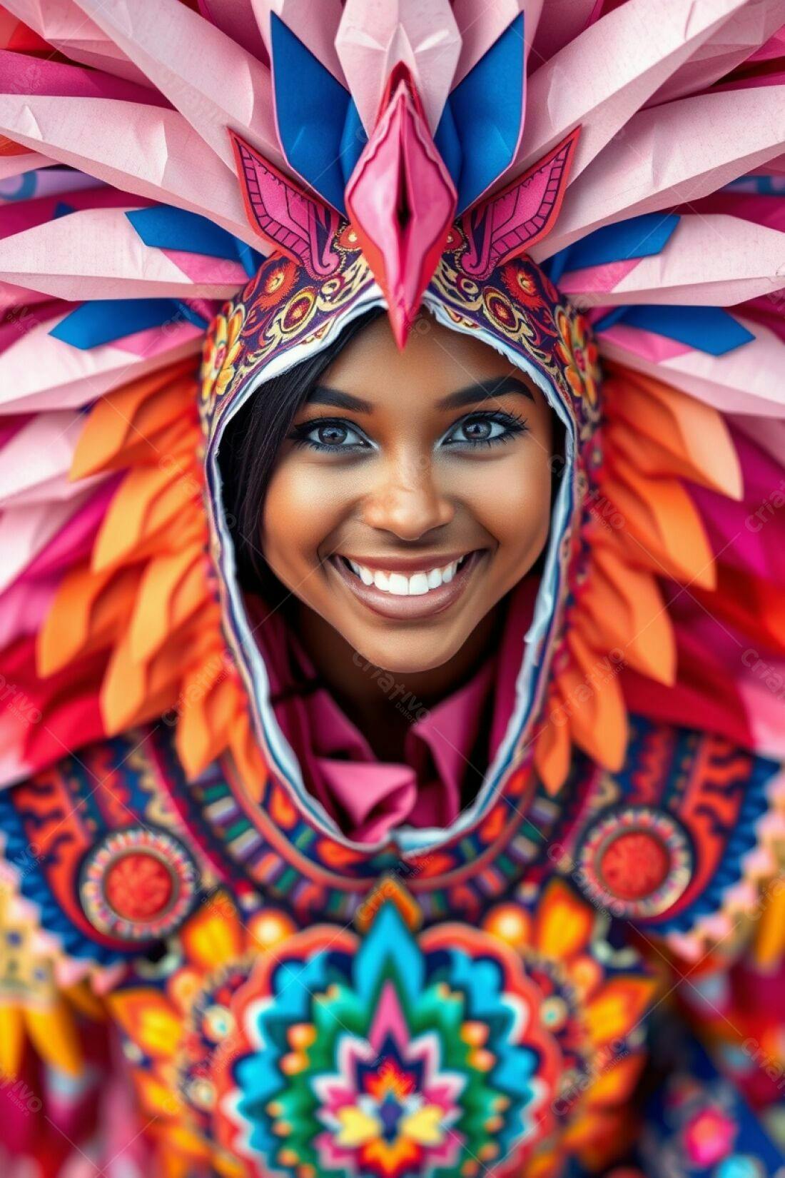Mulher sorridente com fantasia vibrante