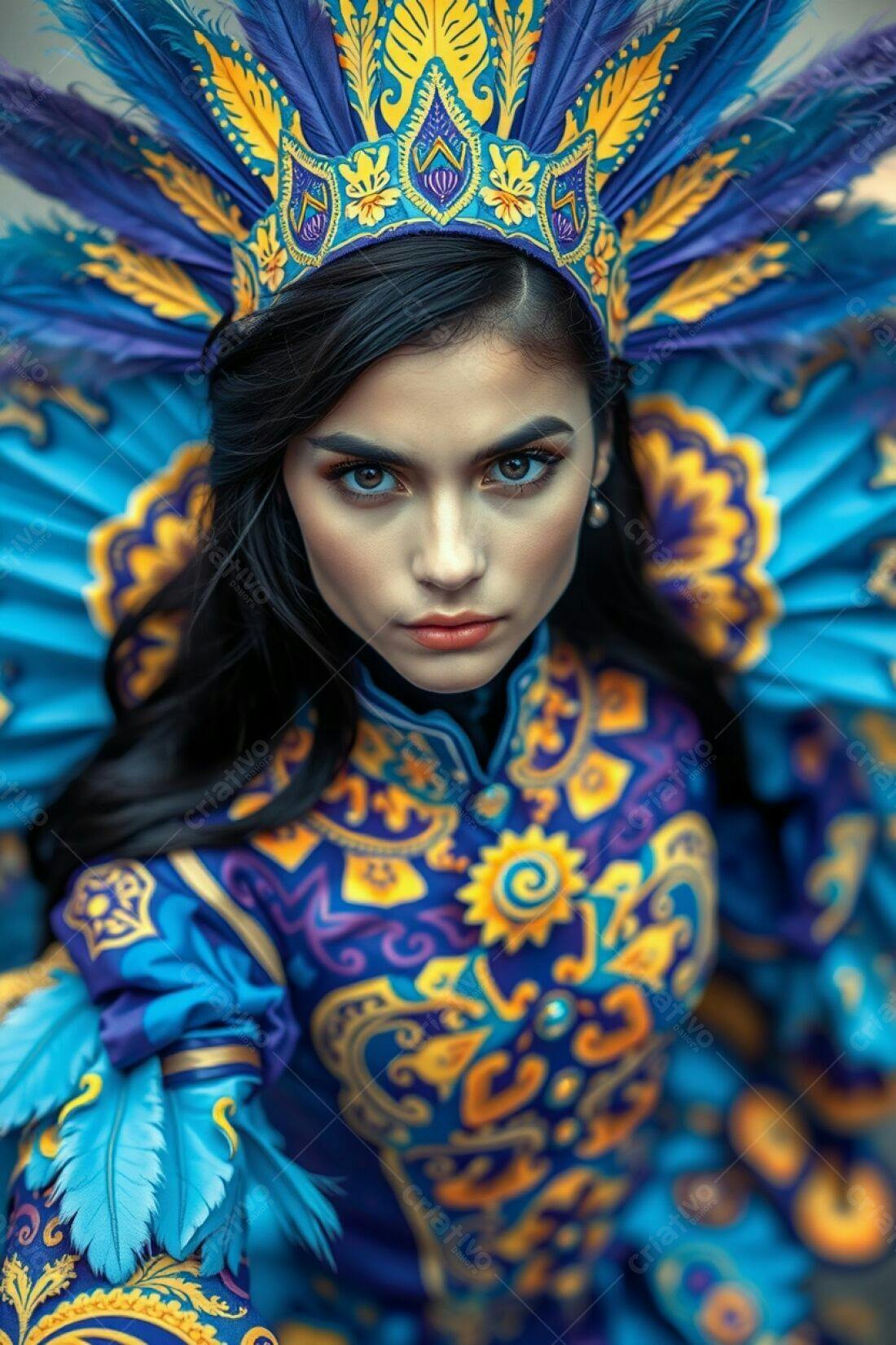Modelo com traje azul e dourado