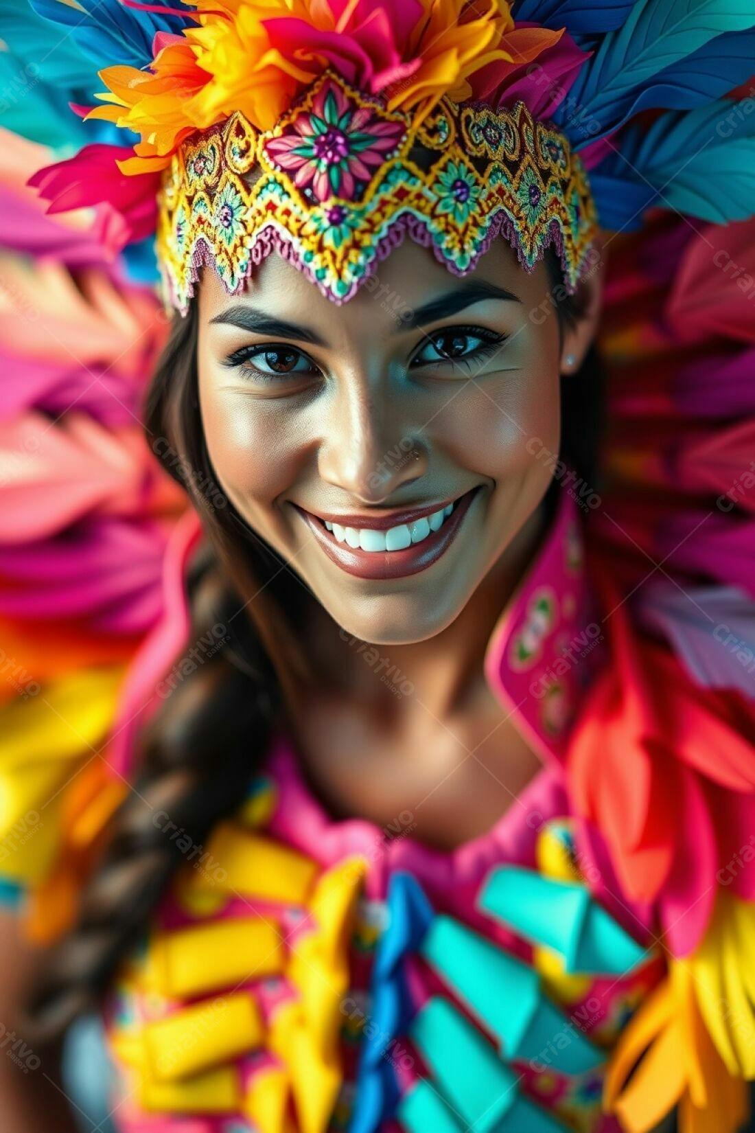 Mulher sorridente com fantasia colorida carnaval