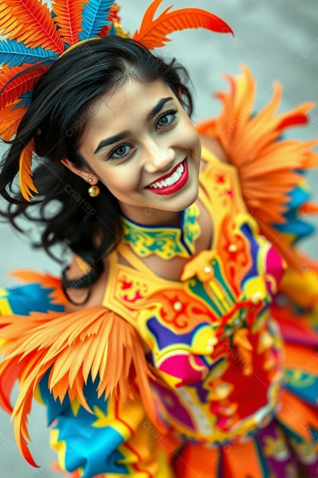 Mulher sorridente em traje vibrante