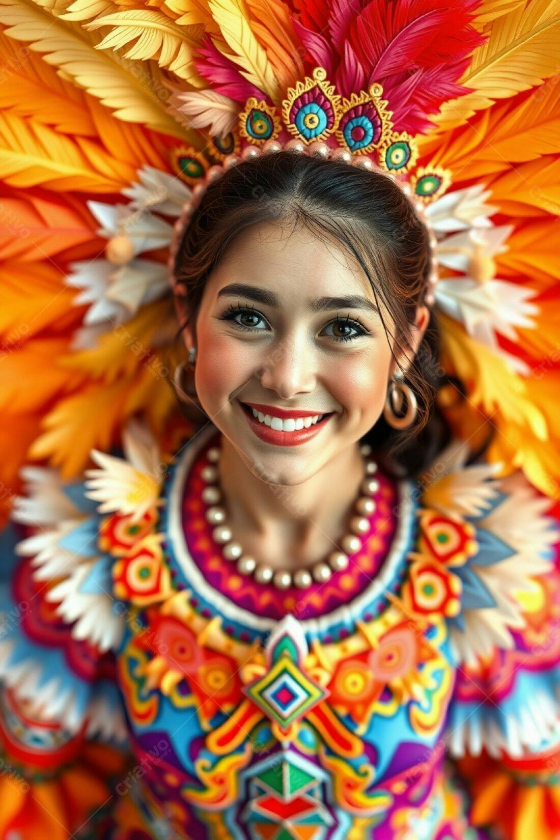 Modelo sorridente com traje colorido de penas