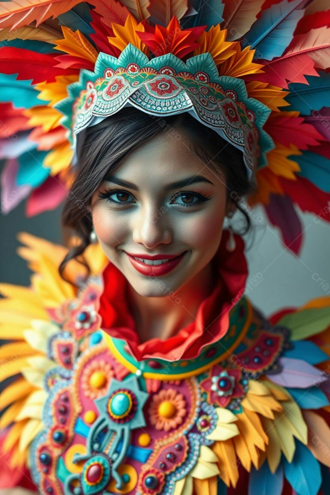 Modelo com traje colorido e penas