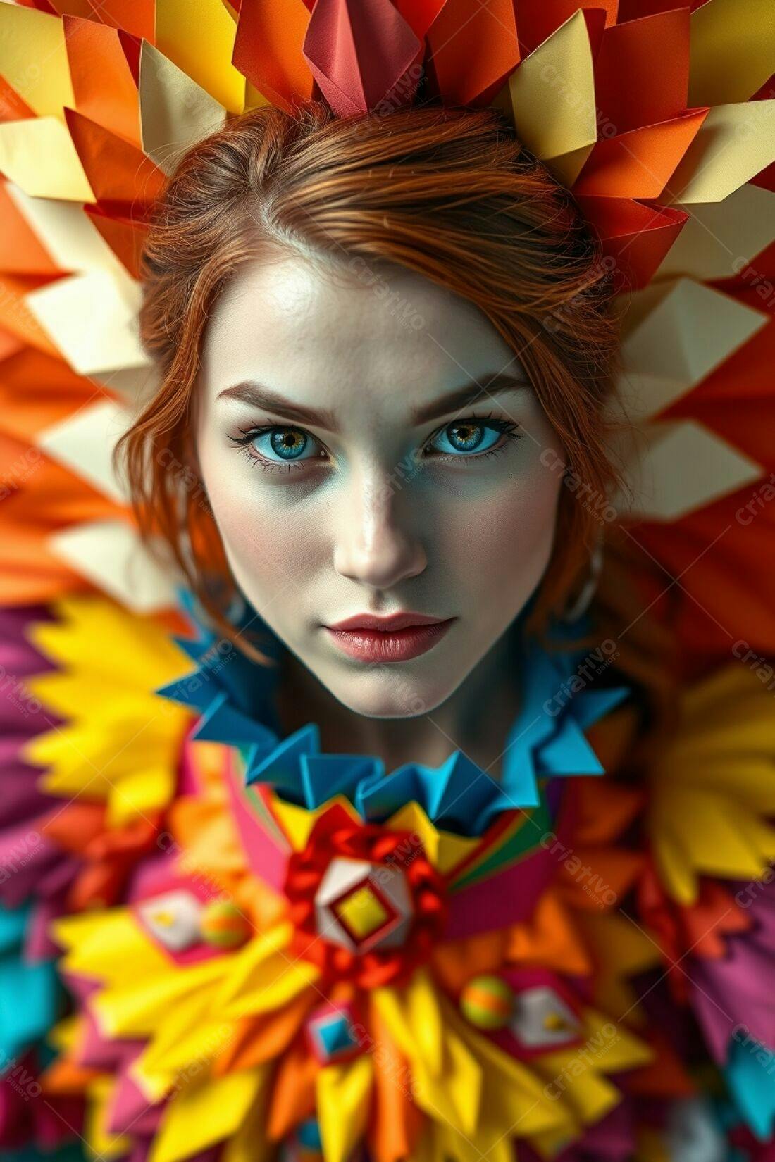 Modelo com roupa de papel colorida
