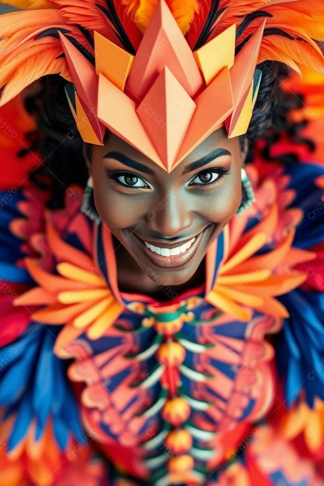 Mulher negra sorridente com fantasia vibrante