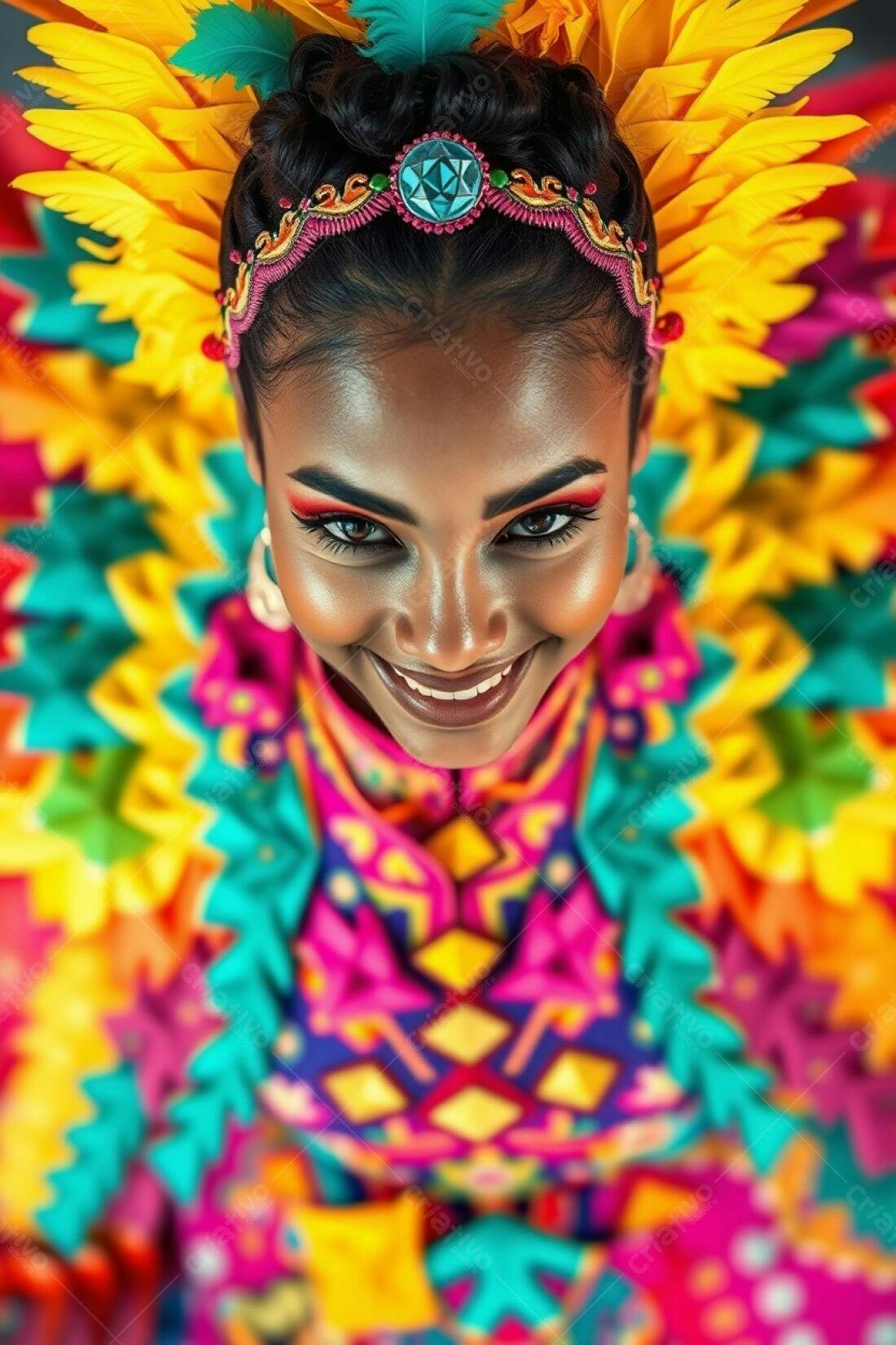 Mulher sorridente com fantasia colorida e penas