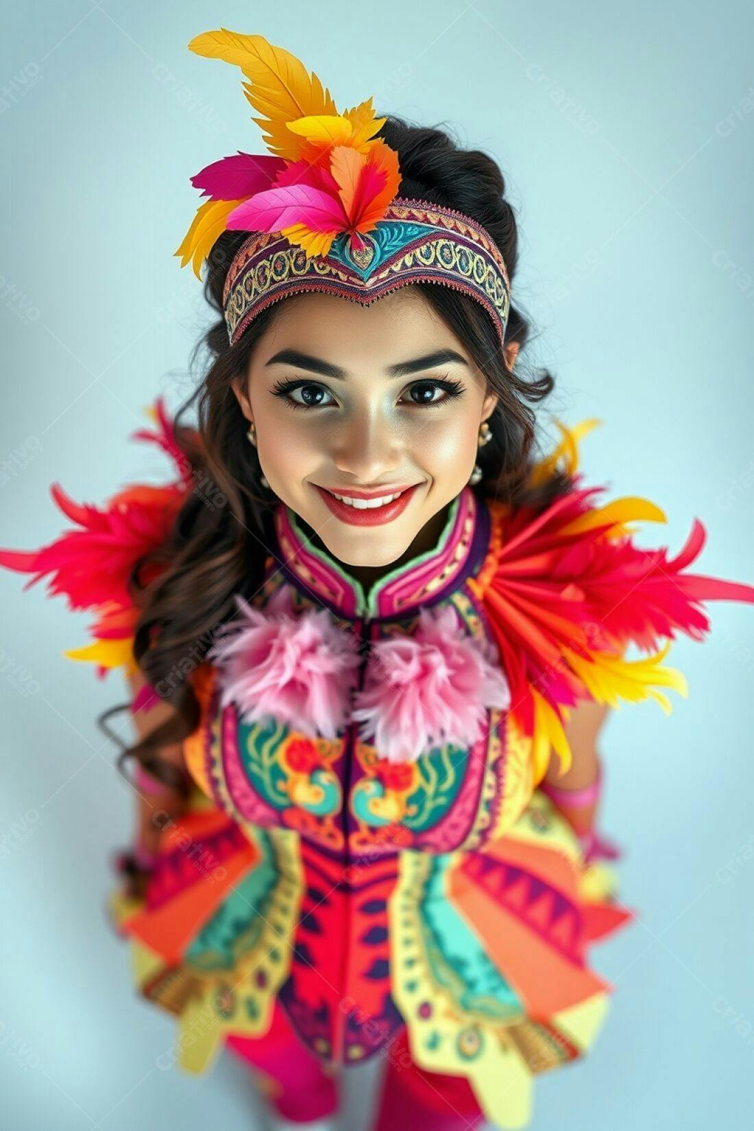 Modelo com fantasia colorida e penas