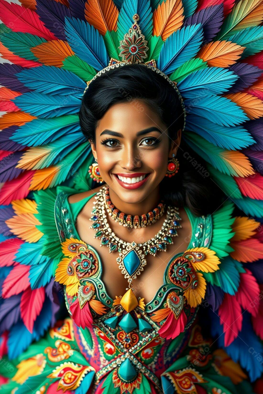 Modelo com traje vibrante e penas coloridas