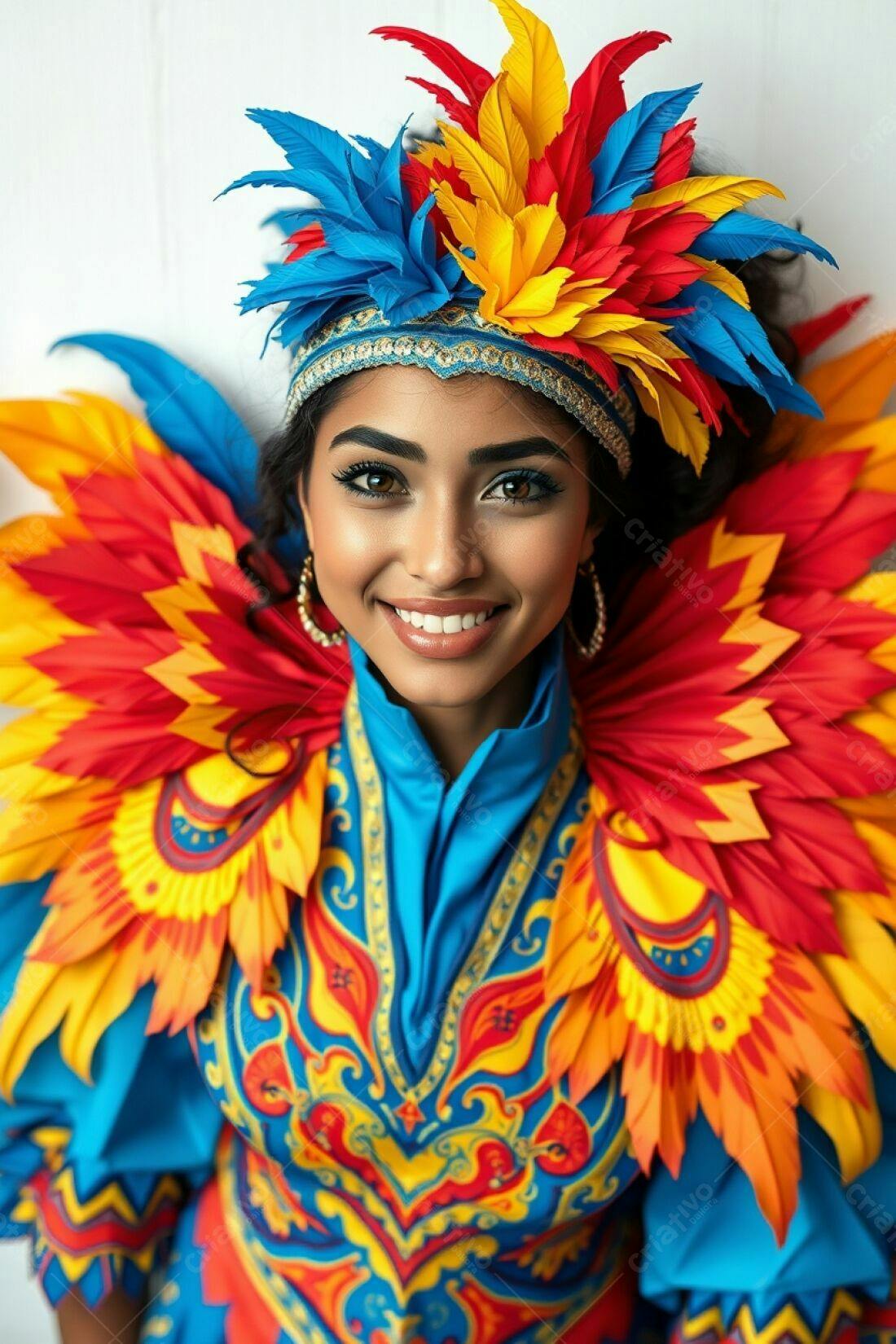 Mulher sorridente com fantasia colorida de carnaval