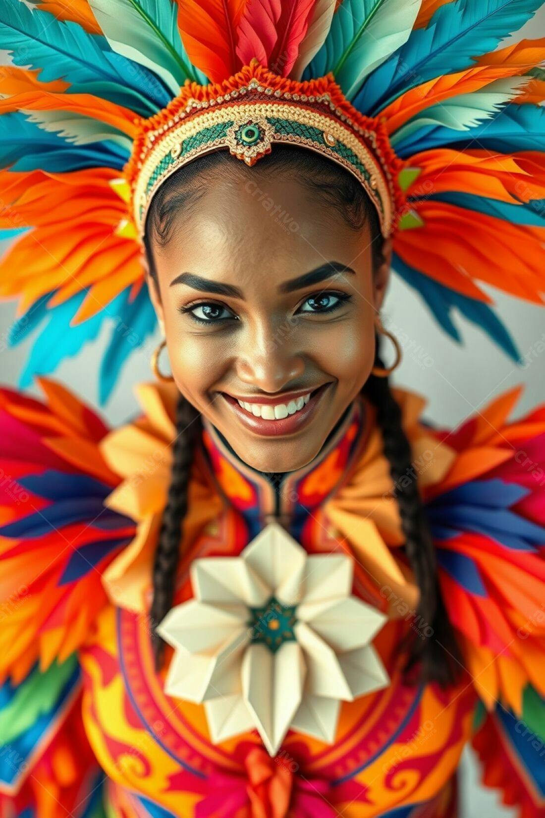 Mulher negra sorrindo com fantasia vibrante