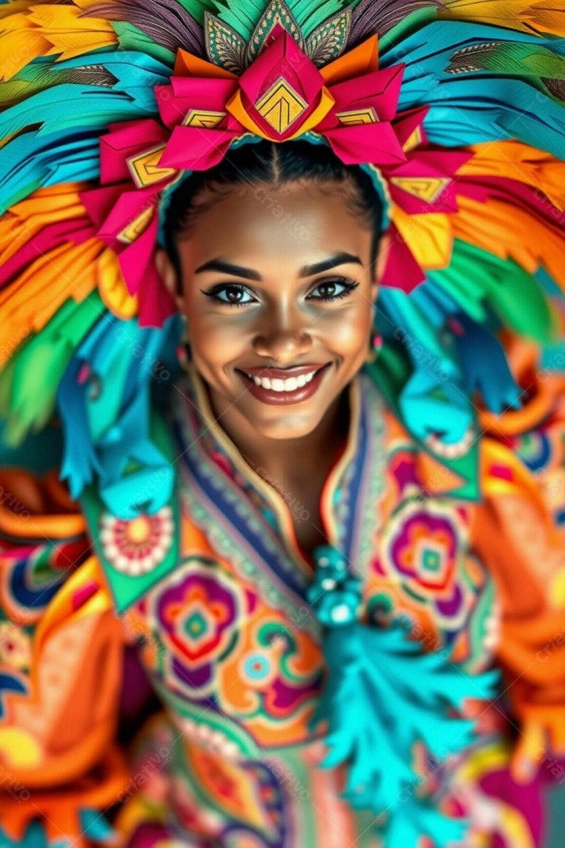 Modelo com fantasia colorida e sorriso radiante