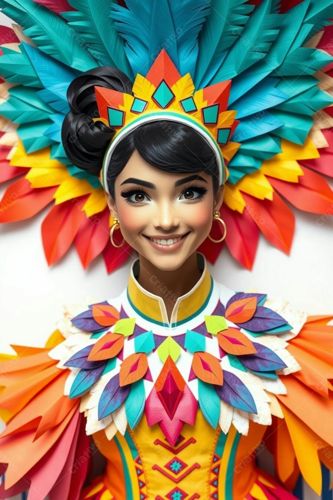 Mulher sorridente com traje colorido de penas