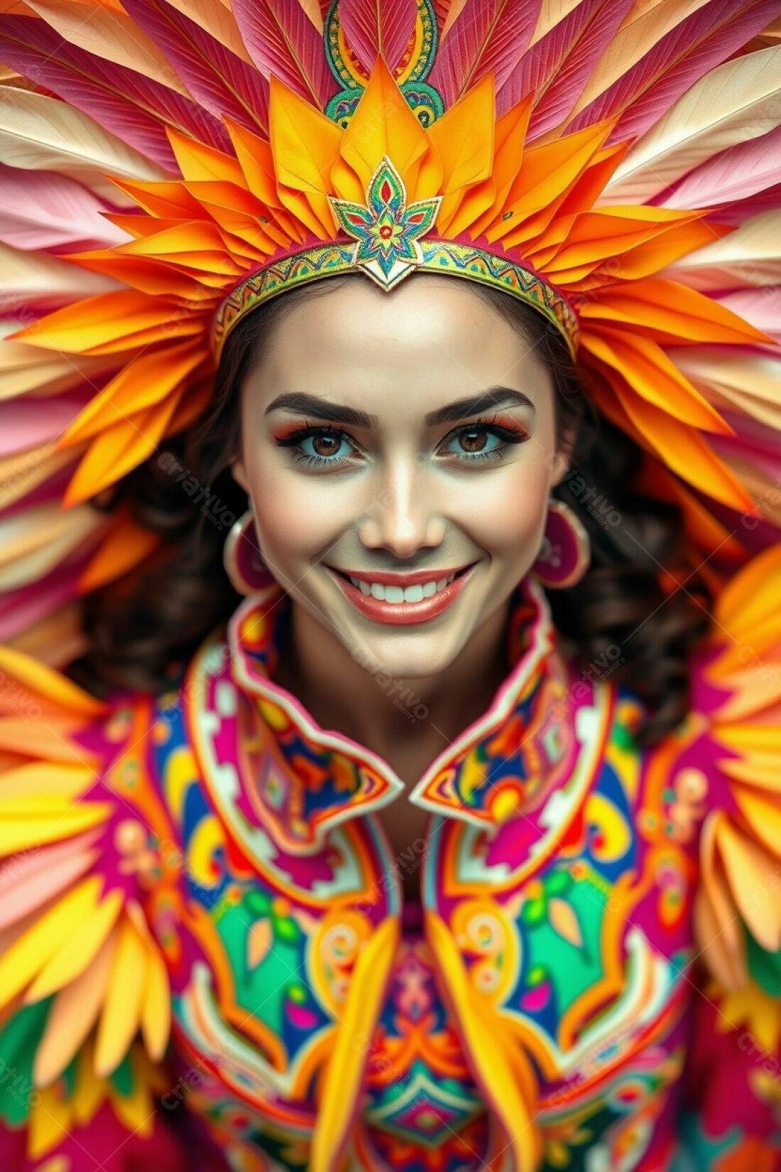 Modelo sorrindo com traje vibrante