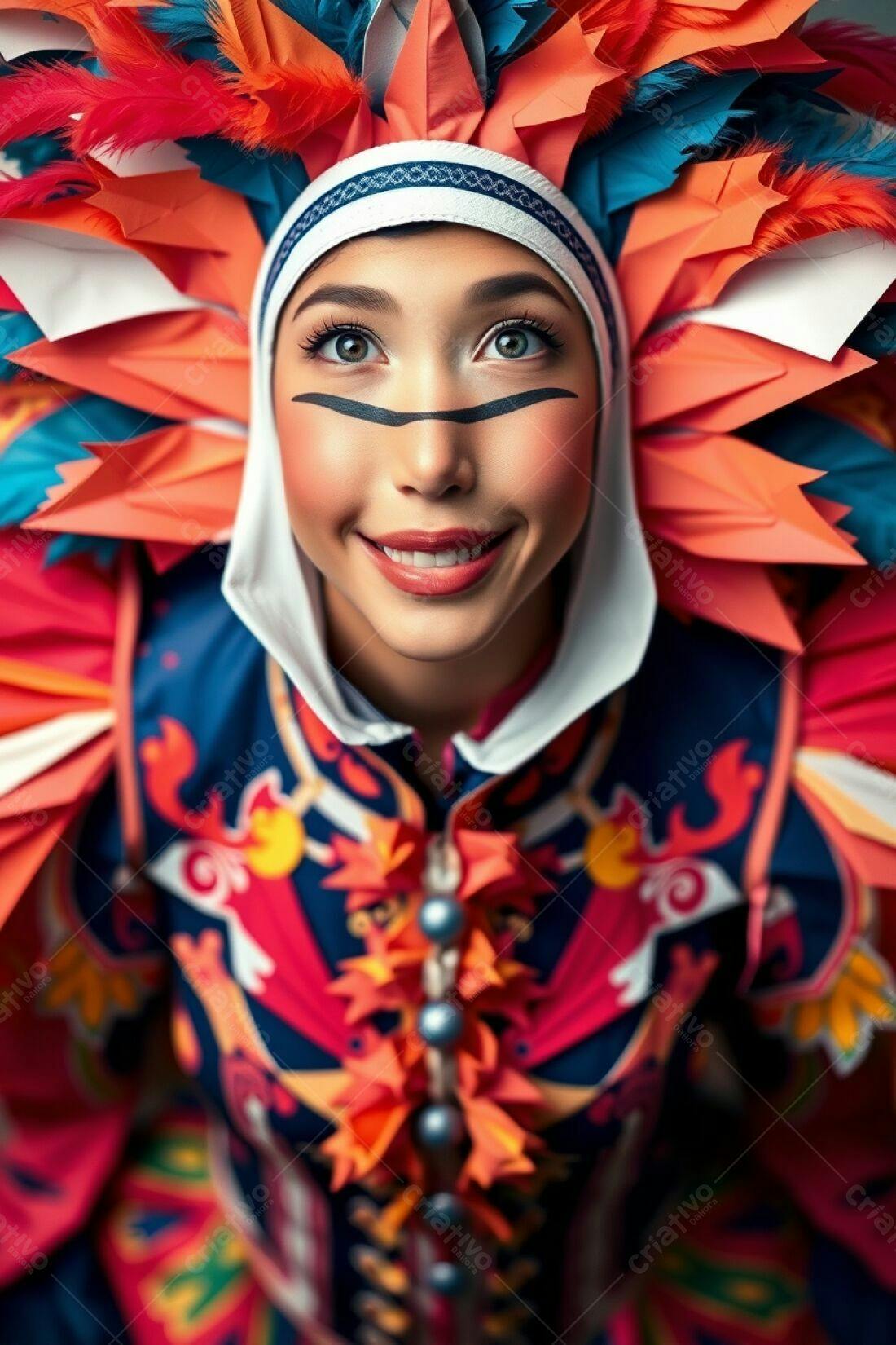 Mulher sorridente com fantasia indígena colorida