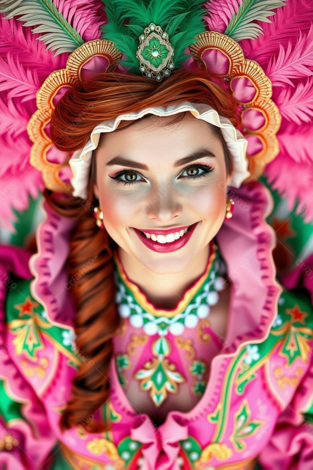 Mulher sorrindo com fantasia rosa e verde