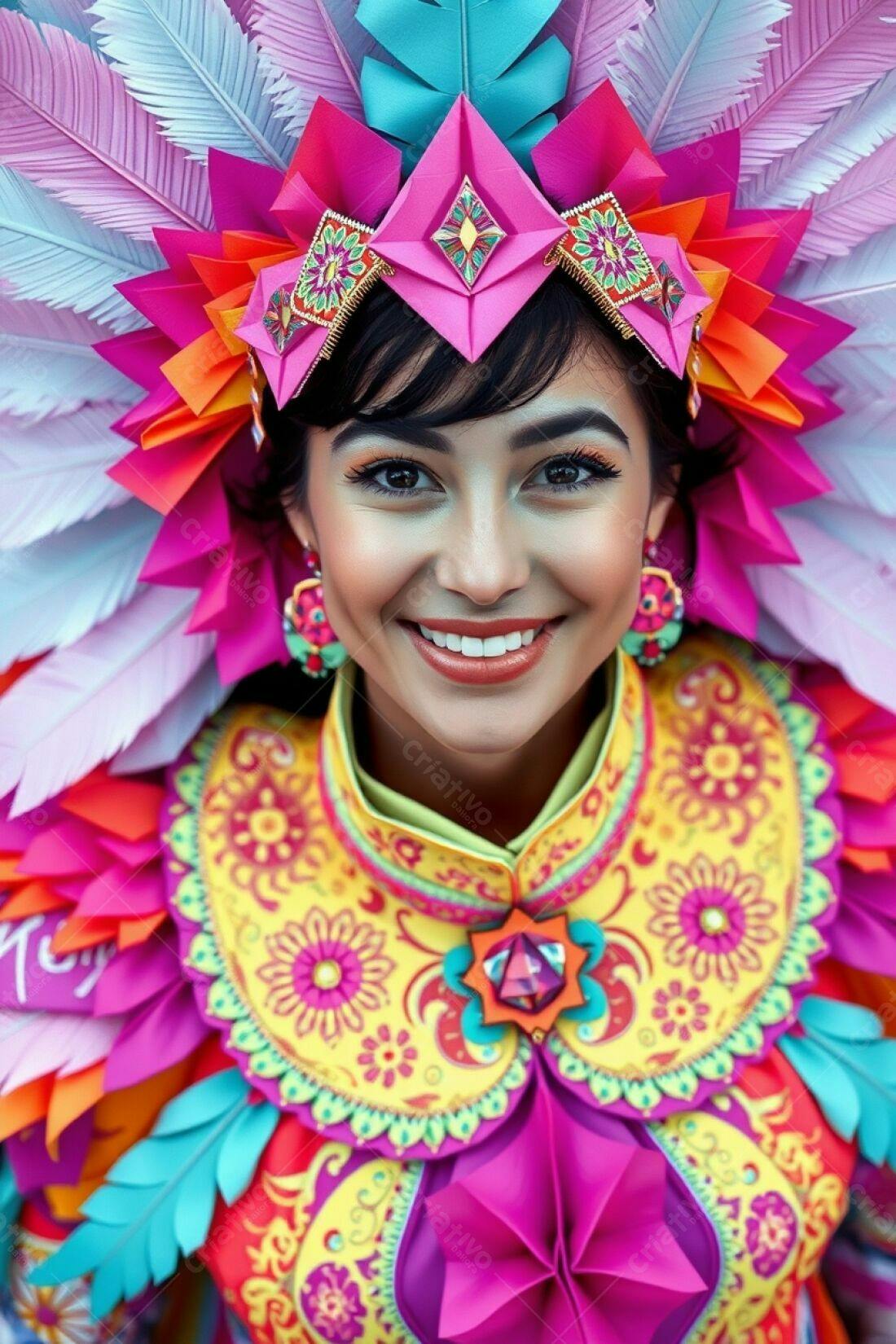 Mulher sorridente com fantasia colorida de carnaval