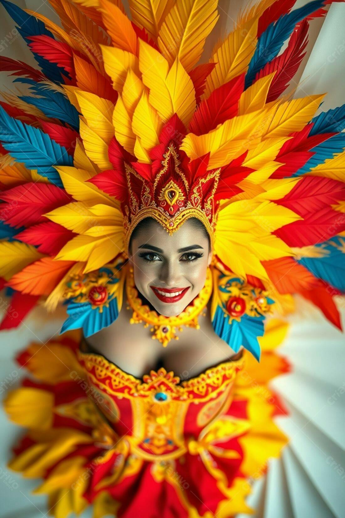 Mulher sorridente com fantasia de penas coloridas