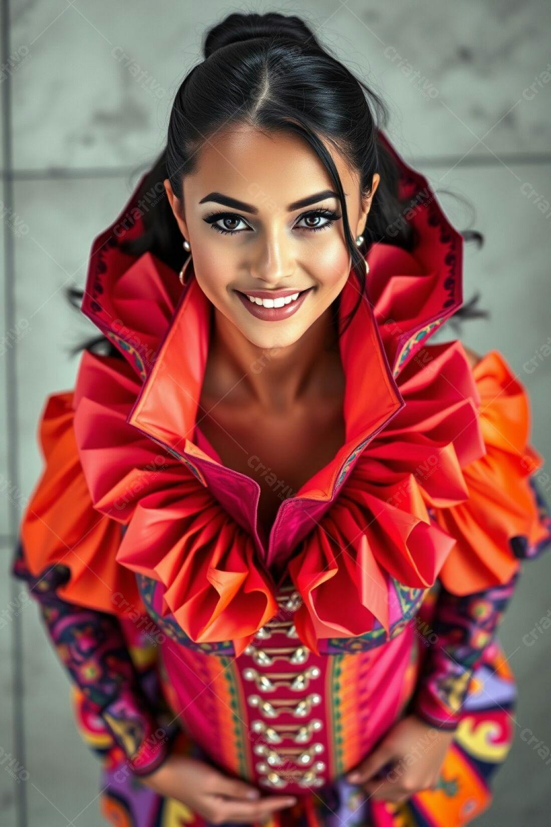 Modelo sorridente com roupa vibrante