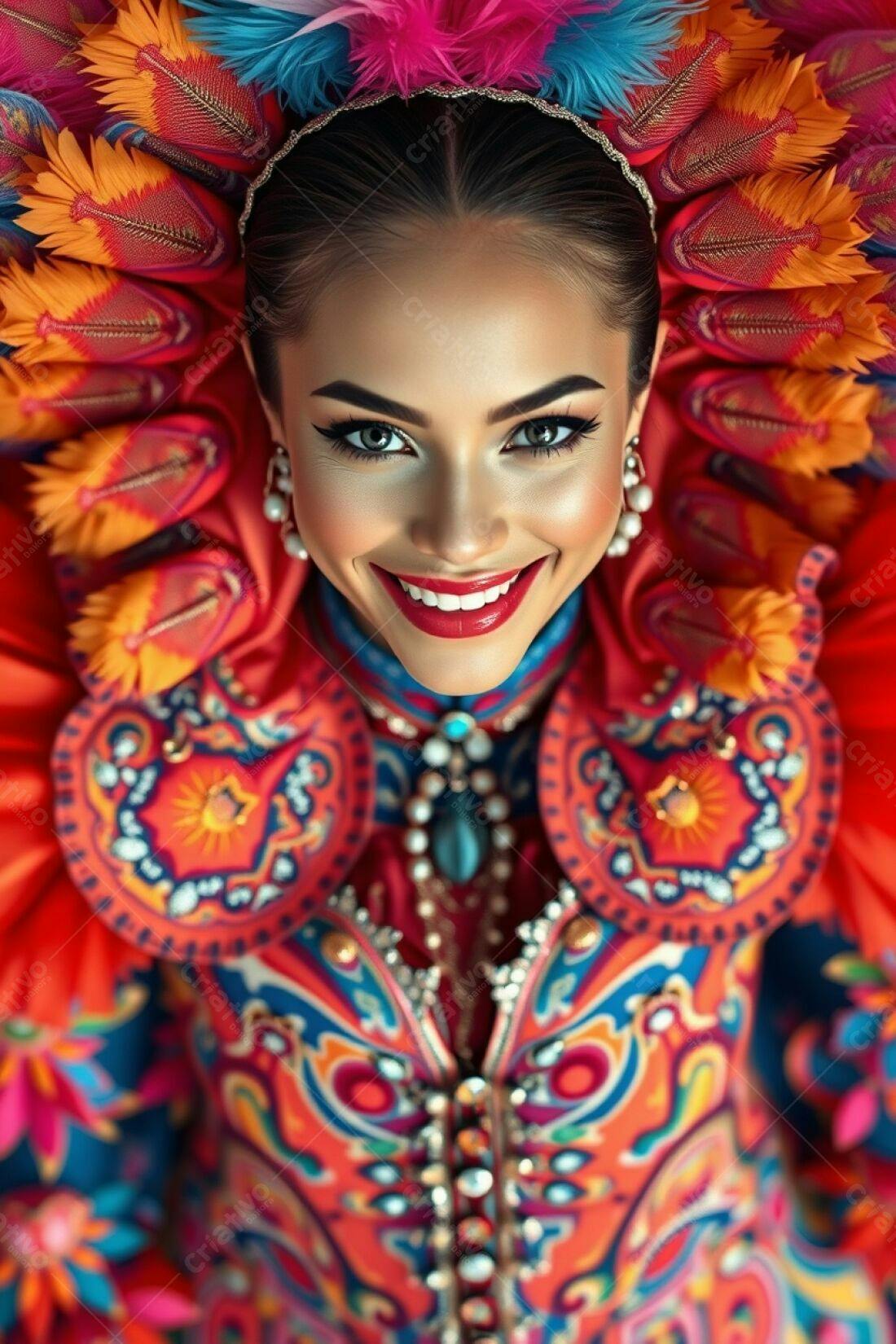 Modelo sorrindo com traje colorido e penas