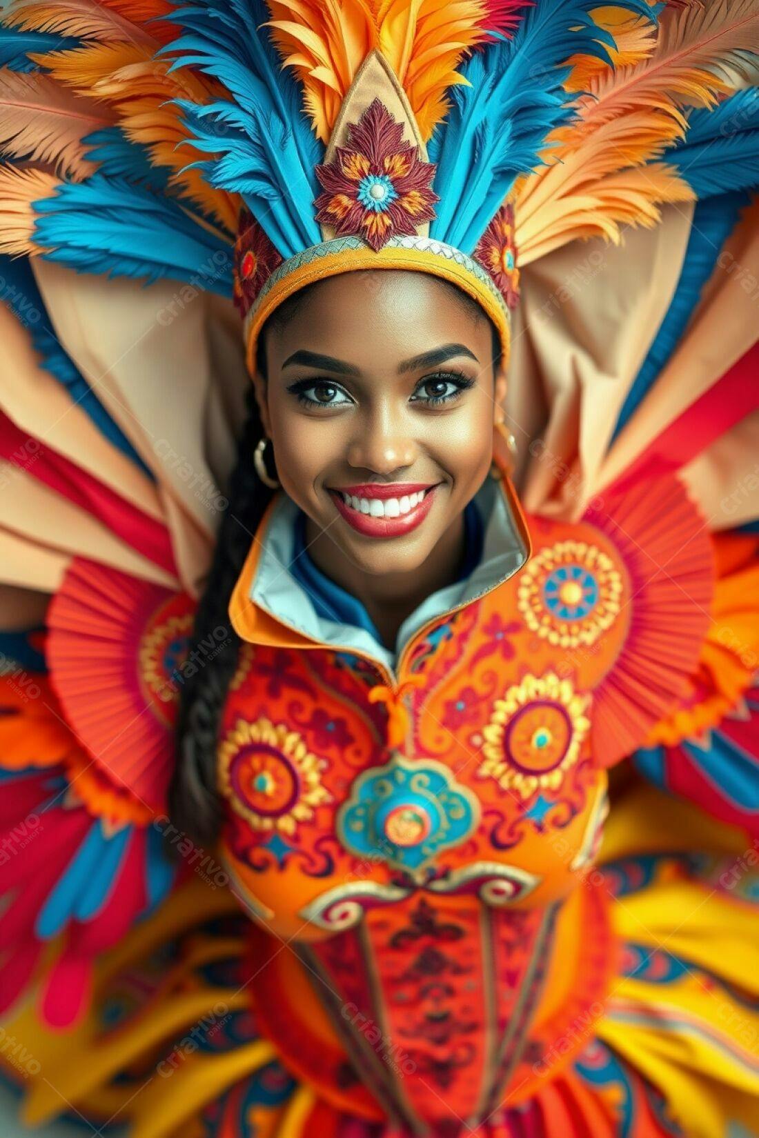 Mulher negra sorridente em traje colorido