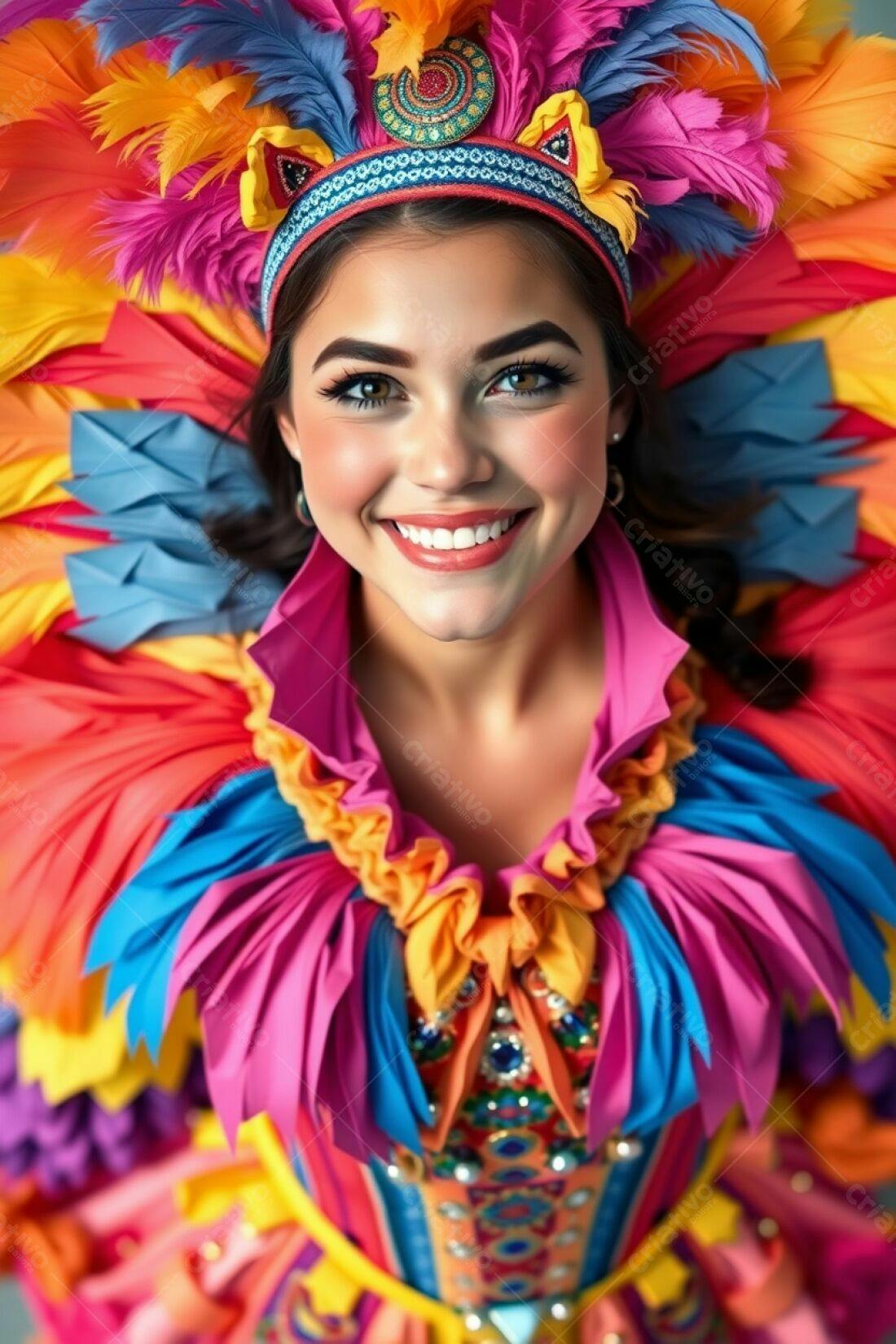 Mulher sorridente com fantasia colorida de Carnaval