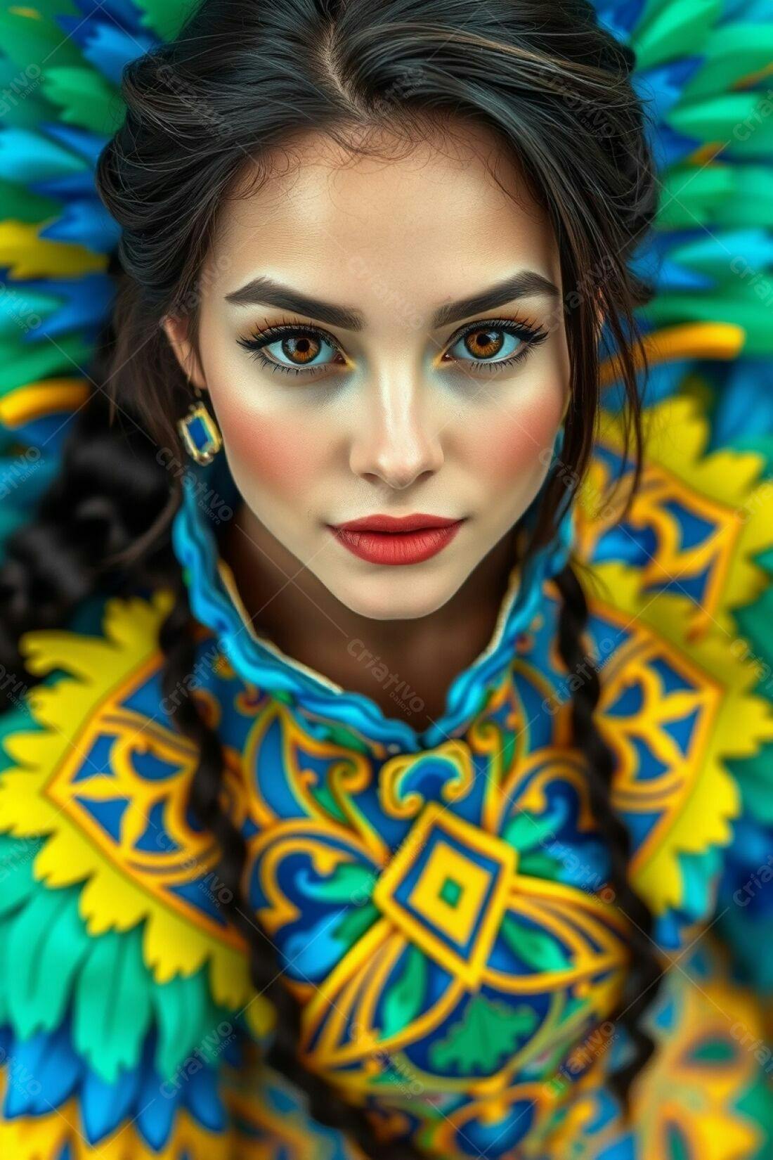 Modelo vestindo roupa azul amarela e verde