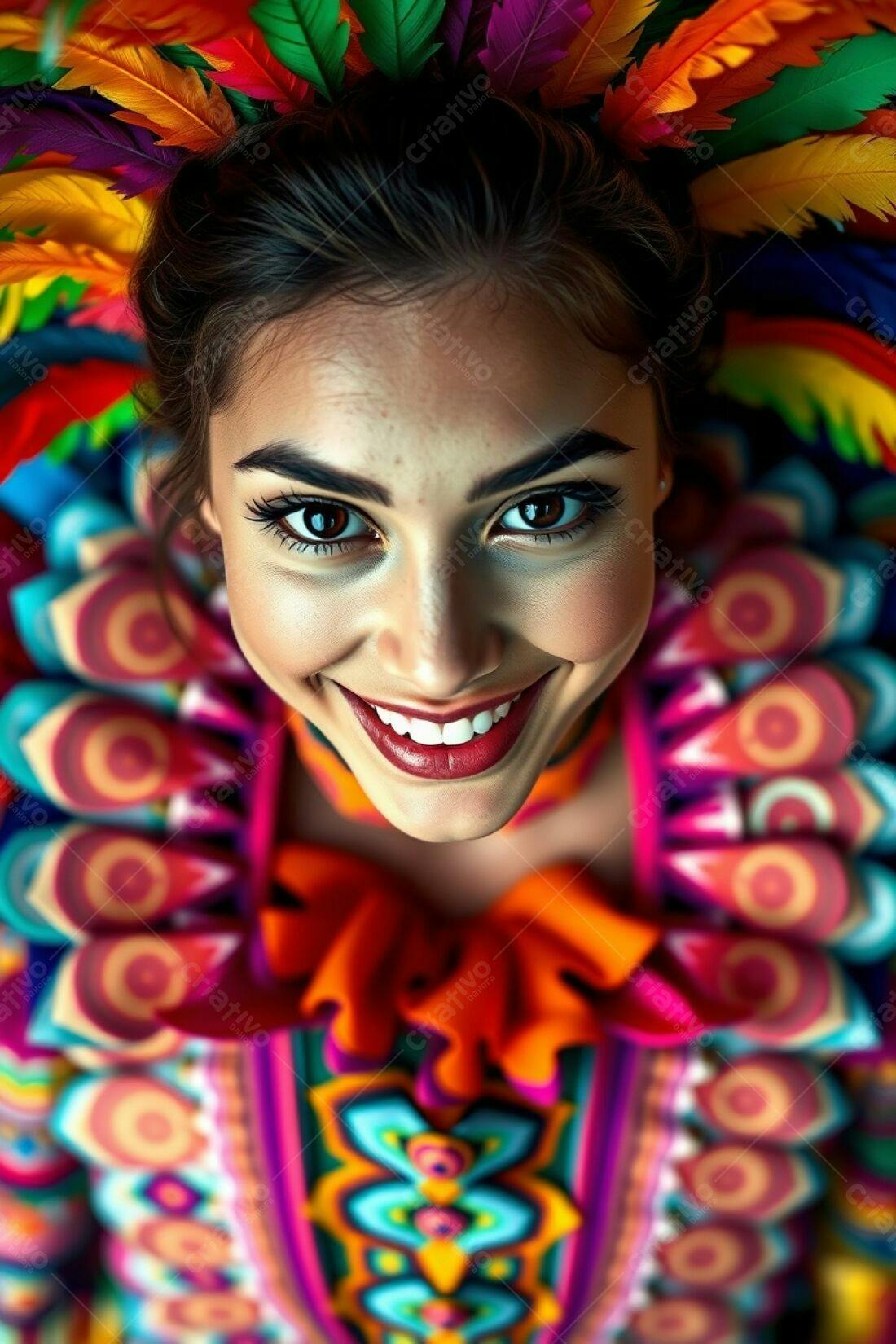 Mulher sorridente fantasia colorida penas