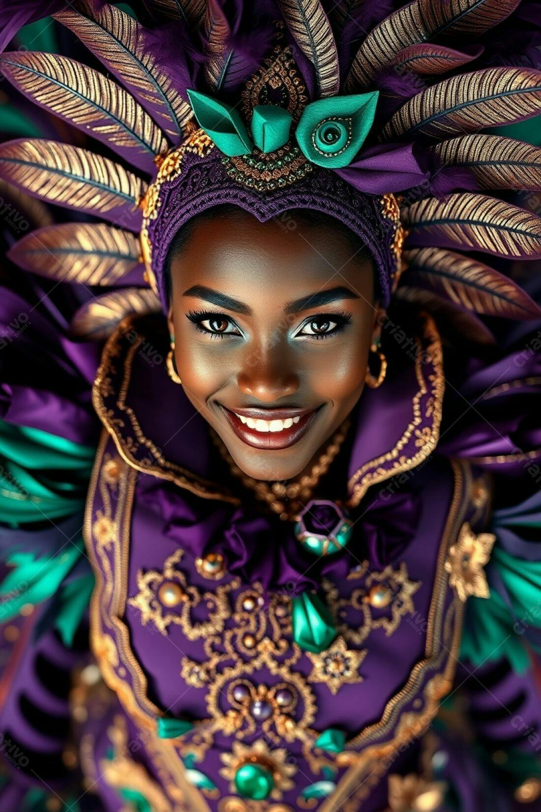Mulher negra em traje de carnaval roxo e dourado