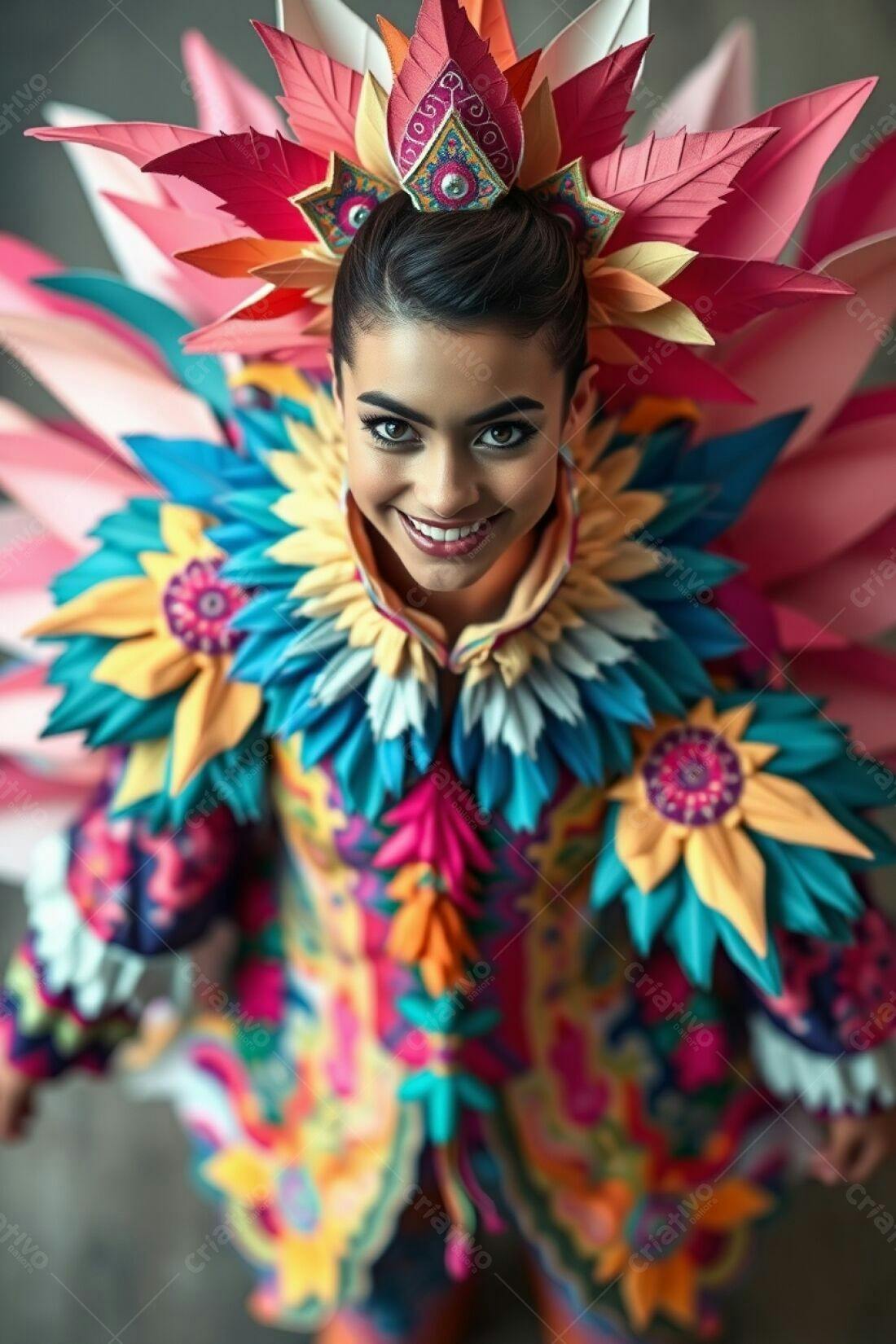 Modelo com traje vibrante e colorido