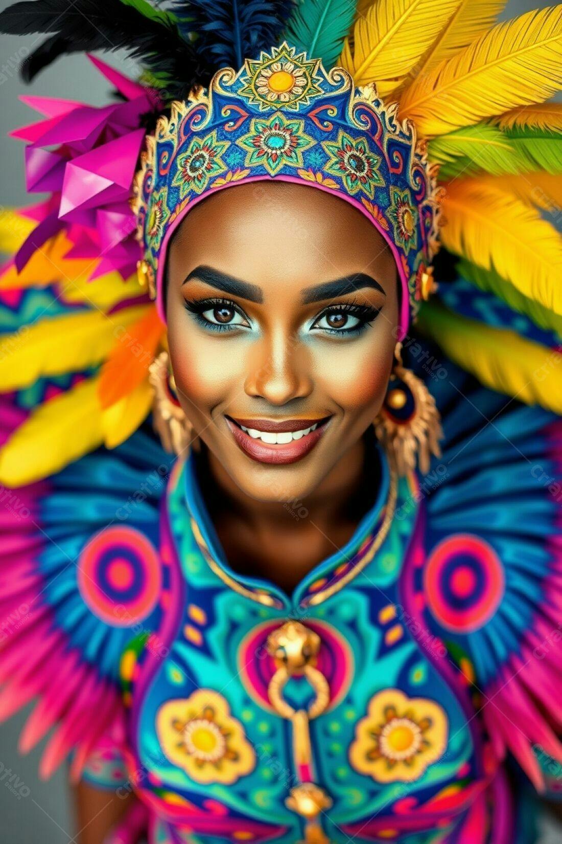 Modelo negra com fantasia vibrante