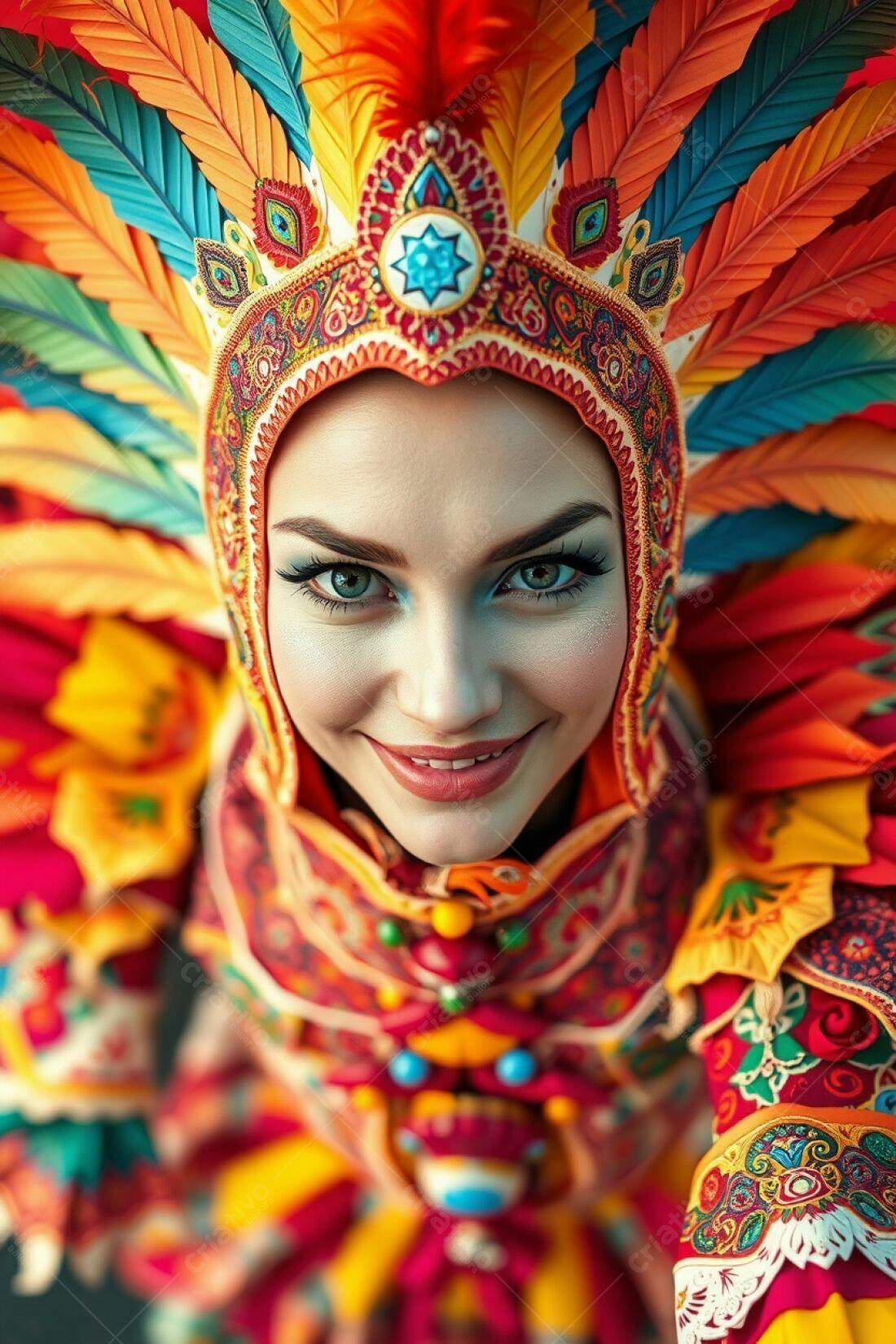 Mulher sorridente com traje colorido de penas